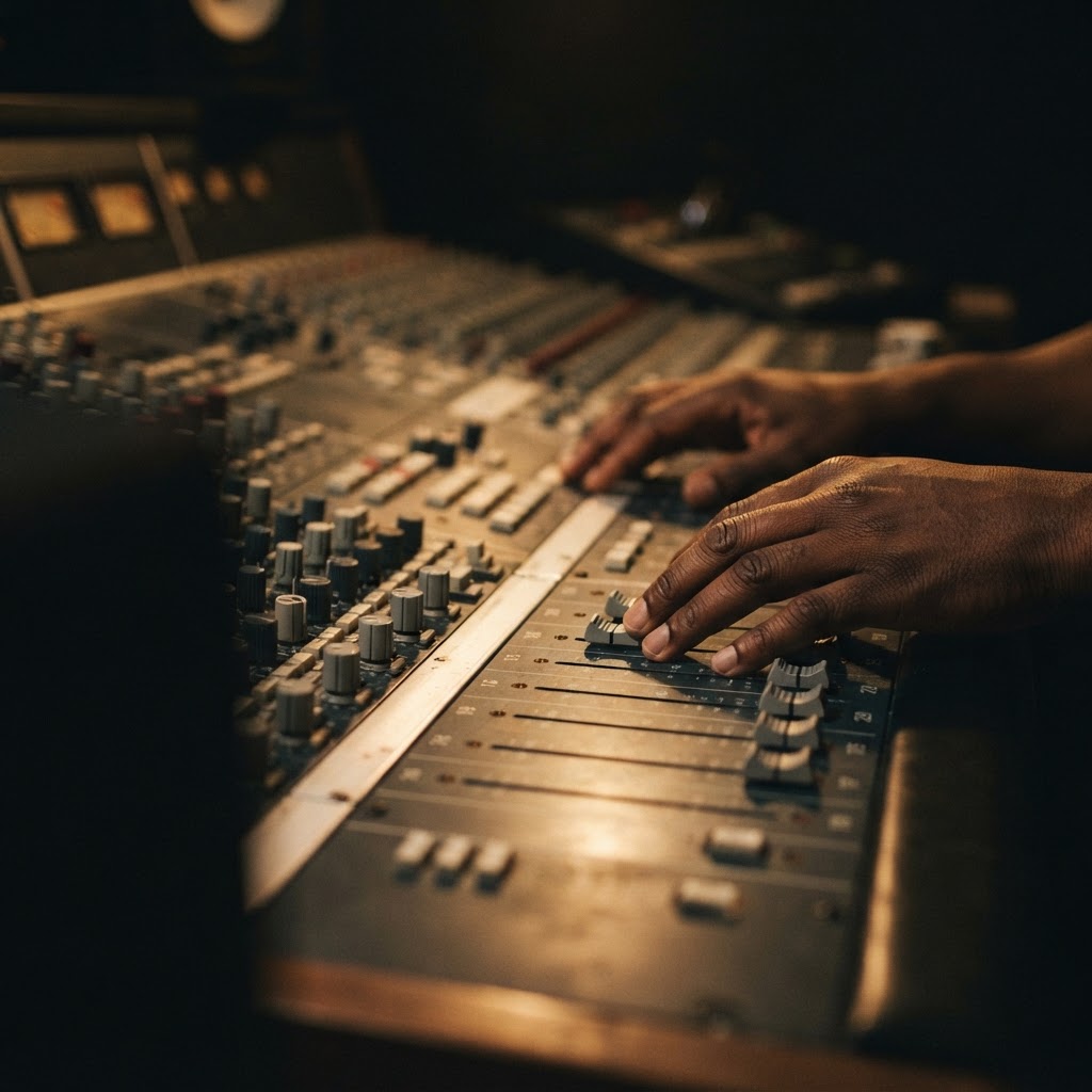Condenser microphone in dimly lit studio