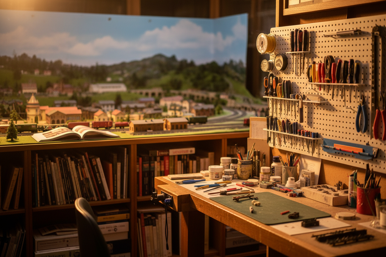 Cozy model train workshop with layout in background