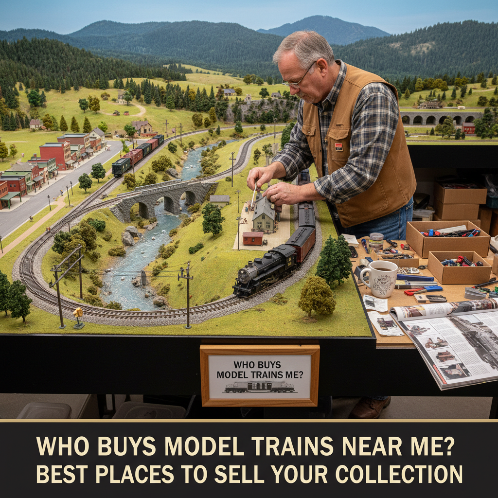 Model railroad hobbyist working on a detailed layout, related to Who Buys Model Trains Near Me? Best Places to Sell Your Collection
