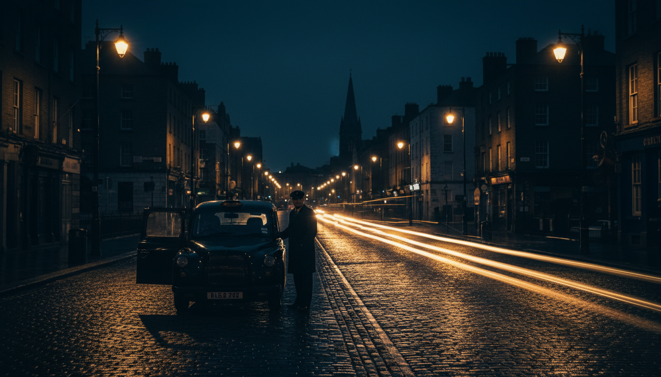 Dublin city at night with taxi lights