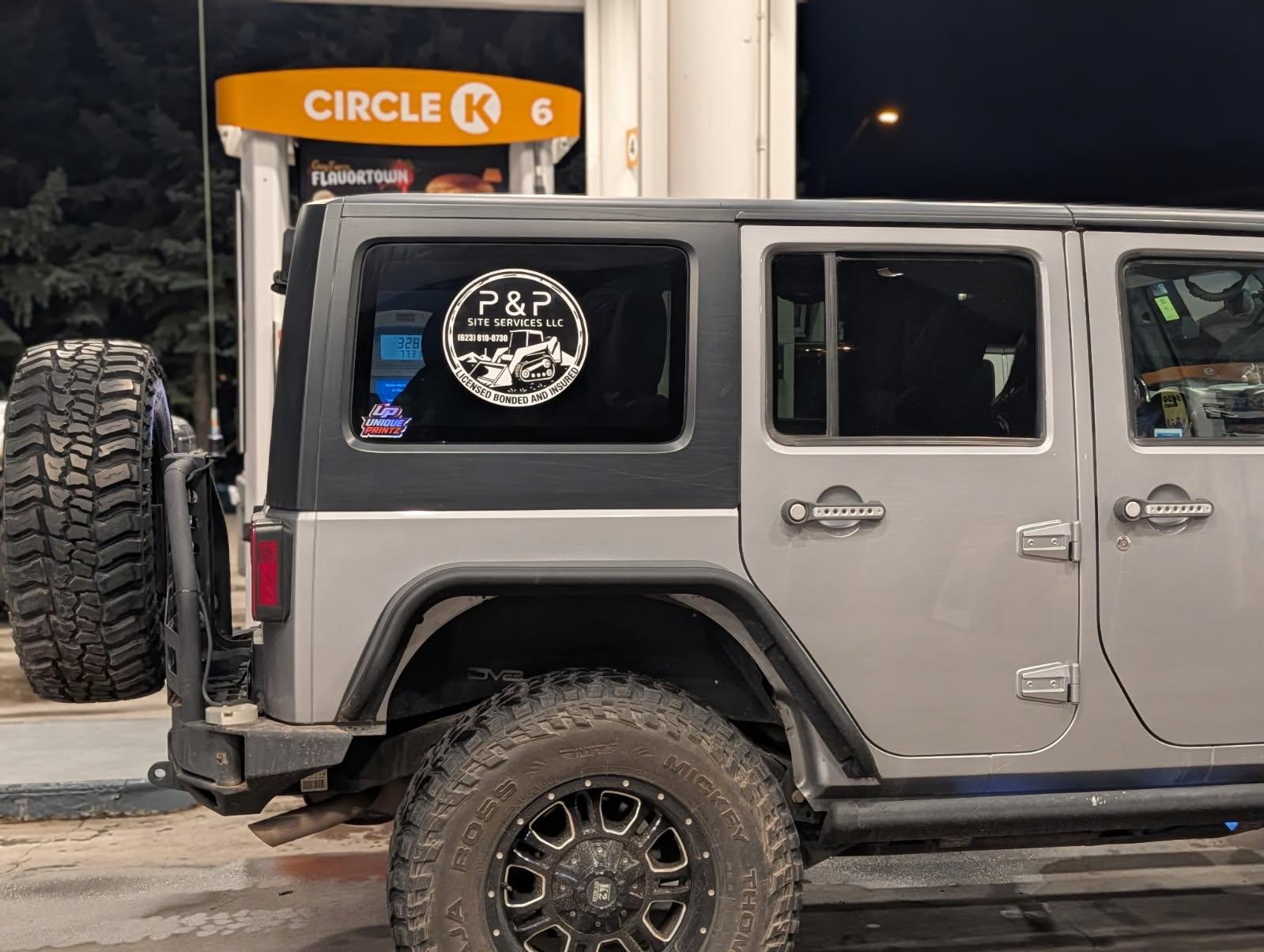 P&P Site Services Jeep Wrangler rear window decal