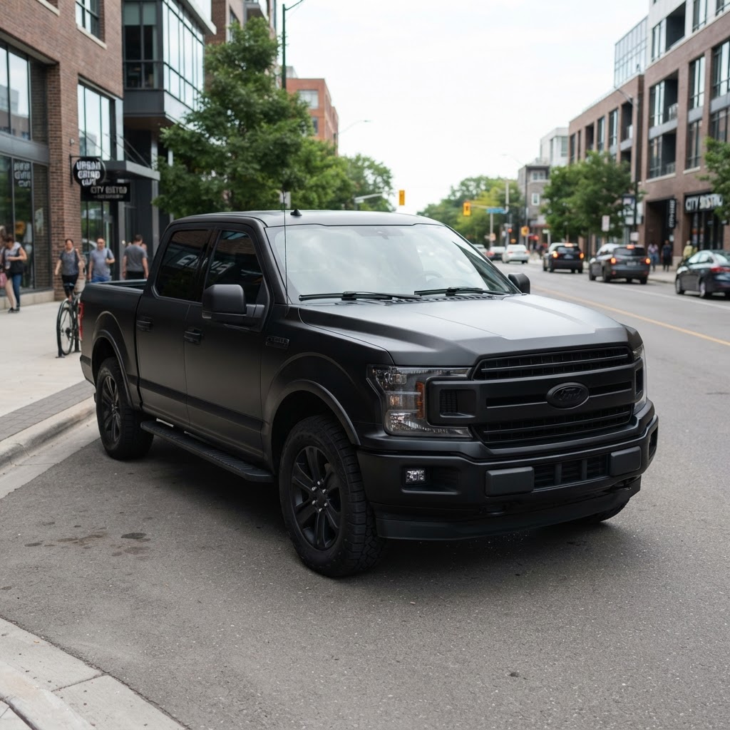 Matte black pickup truck color change wrap