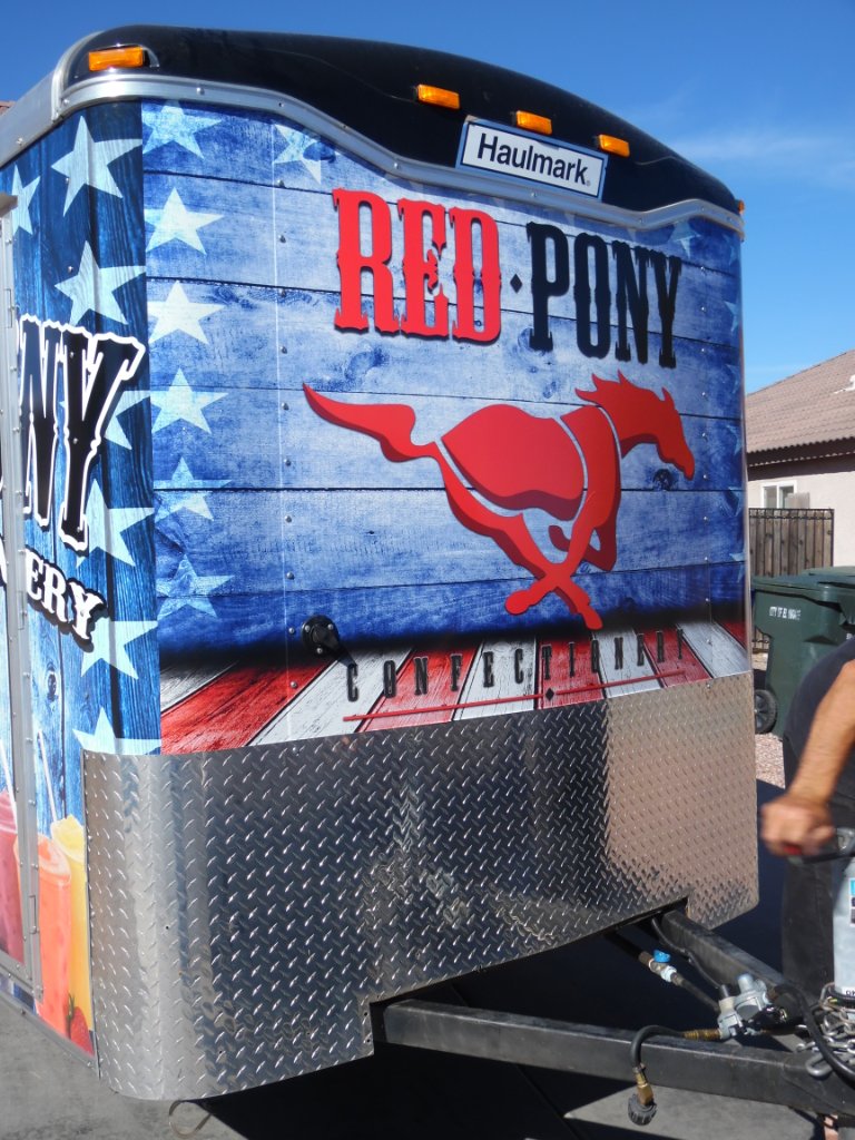 Red Pony Confectionery trailer front wrap