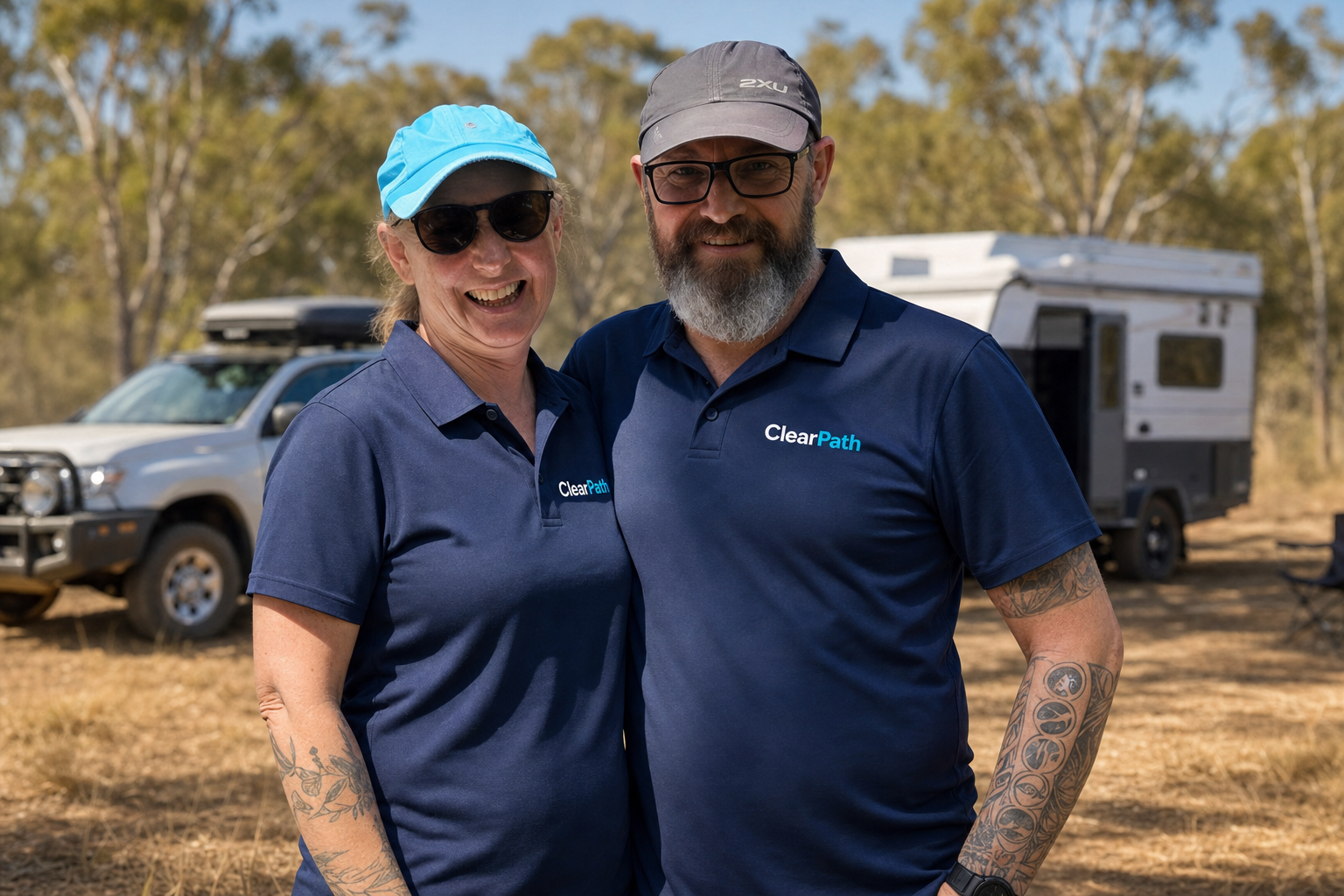 Ian and Sandy Blewitt, ClearPath founders, wearing ClearPath shirts with a dual-cab 4WD and caravan