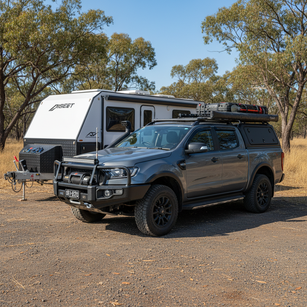 2024 KGM Musso dual cab touring ute with bullbar, canopy, roof platform, drawers and caravan attached