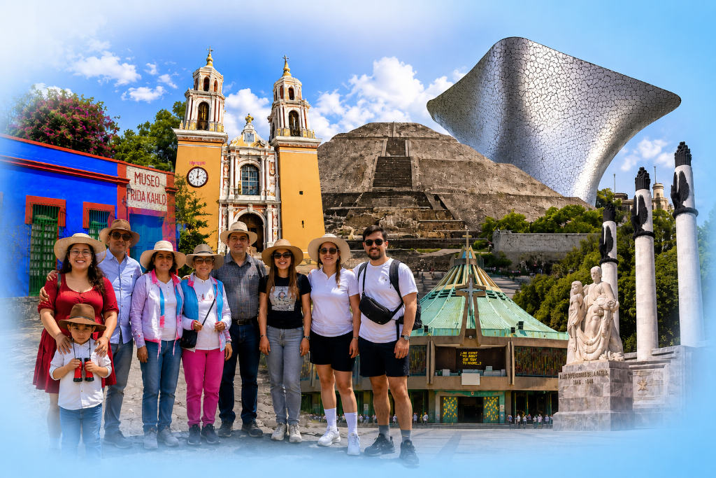 Grupo de viajeros frente a monumentos de México