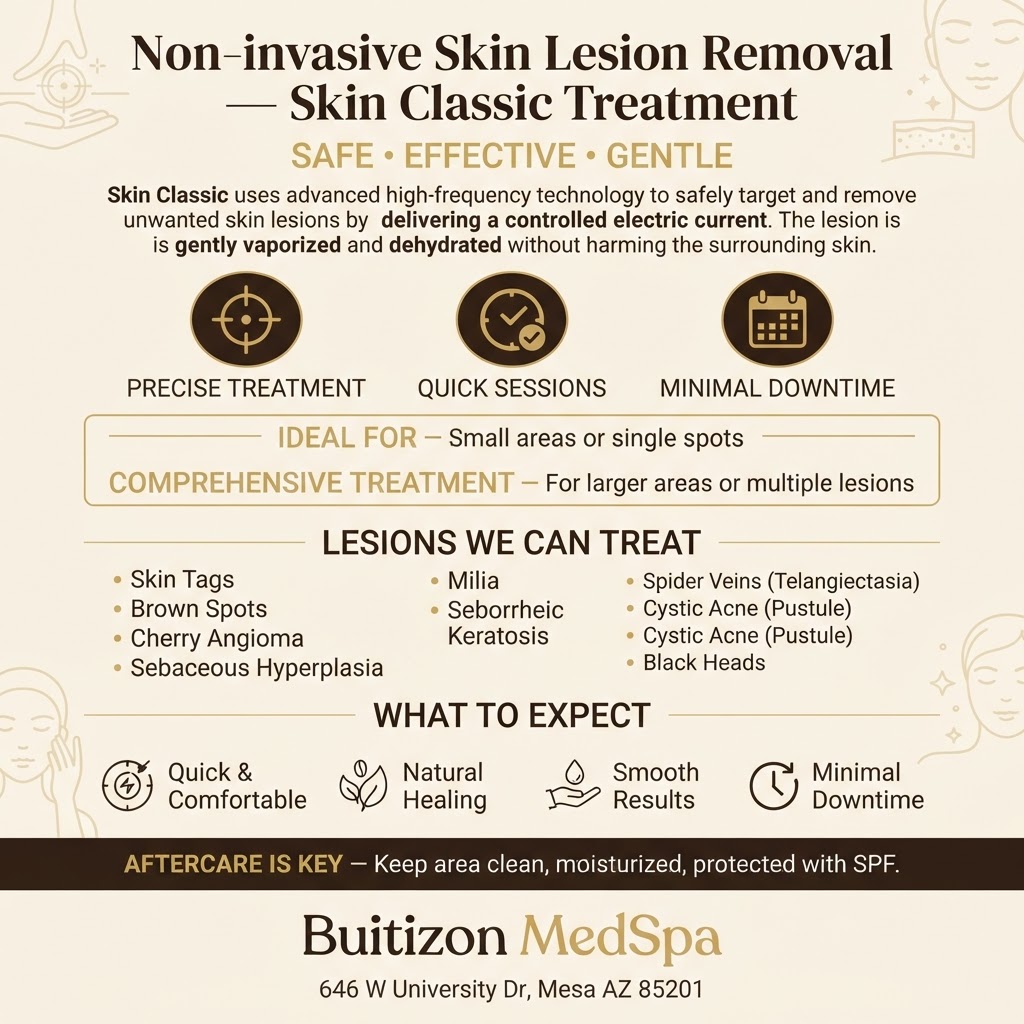 Non-invasive Skin Lesion Removal — High-Frequency Radiofrequency Treatment: lesions we can treat including skin tags, brown spots, cherry angiomas, milia, and more