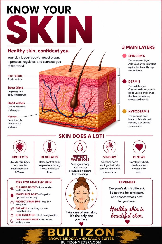 Know Your Skin — Skin anatomy diagram showing the 3 main layers (Epidermis, Dermis, Hypodermis), tips for healthy skin, and skin functions