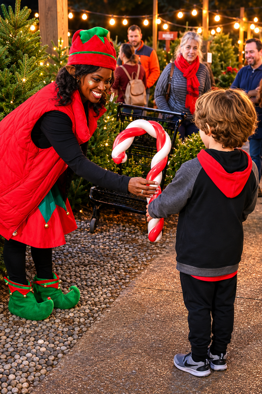 Holiday elf entertaining child at Christmas event