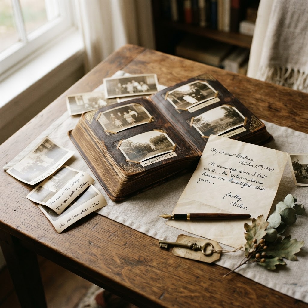 A warm archival tabletop of family photographs, letters and keepsakes