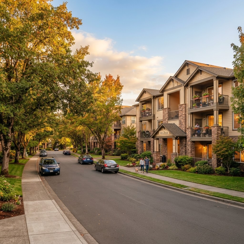 Well-maintained suburban neighborhood with multifamily apartments