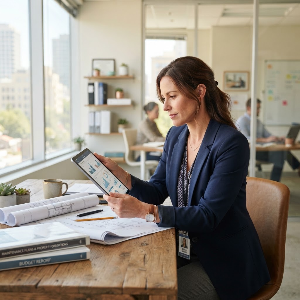 Property manager reading industry insights on a tablet