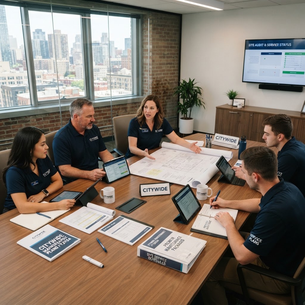 Auxi Services team reviewing maintenance packages