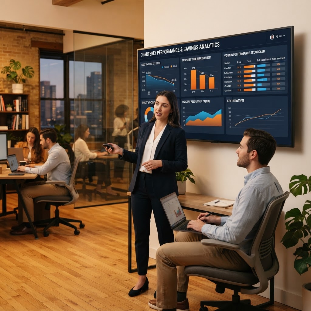 Analytics dashboard showing cost savings and performance metrics
