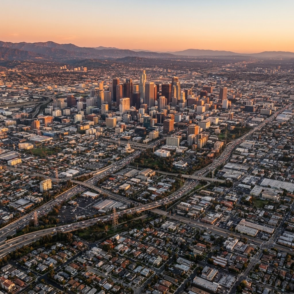 Aerial view of American city skyline - Auxi nationwide coverage