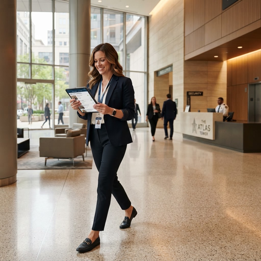 Property manager using Auxi client portal on tablet