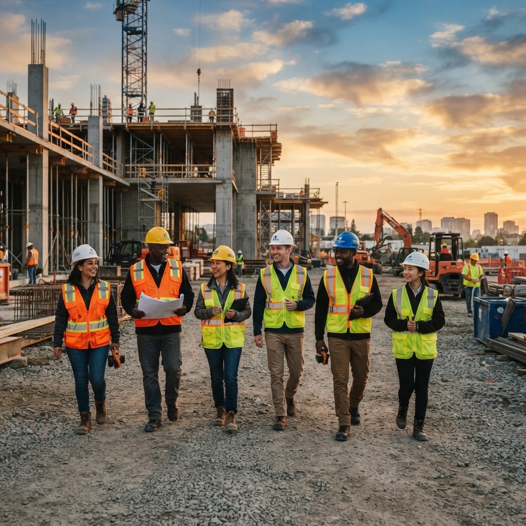 Diverse construction crew at a commercial job site