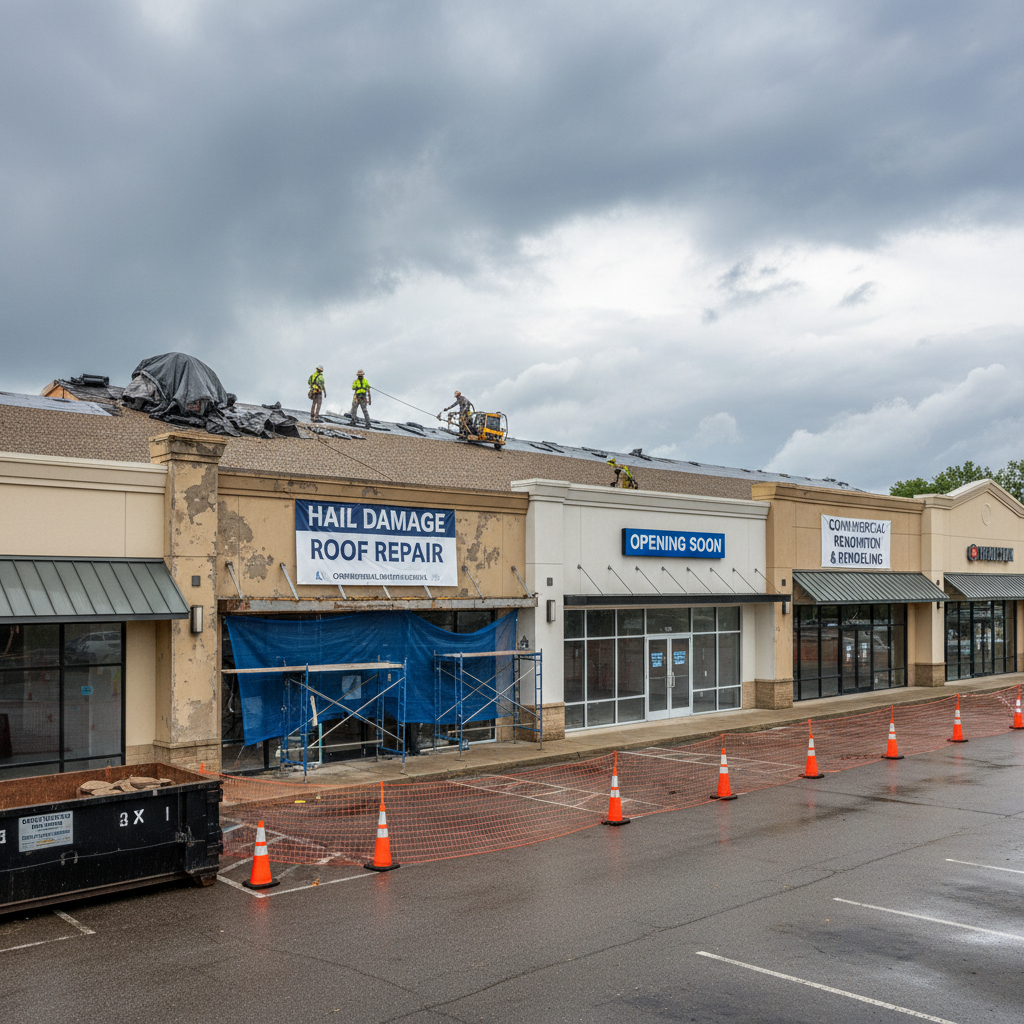Retail Strip Mall Hail Damage Repair: 12 Tenants Kept Open During 3-Week Restoration