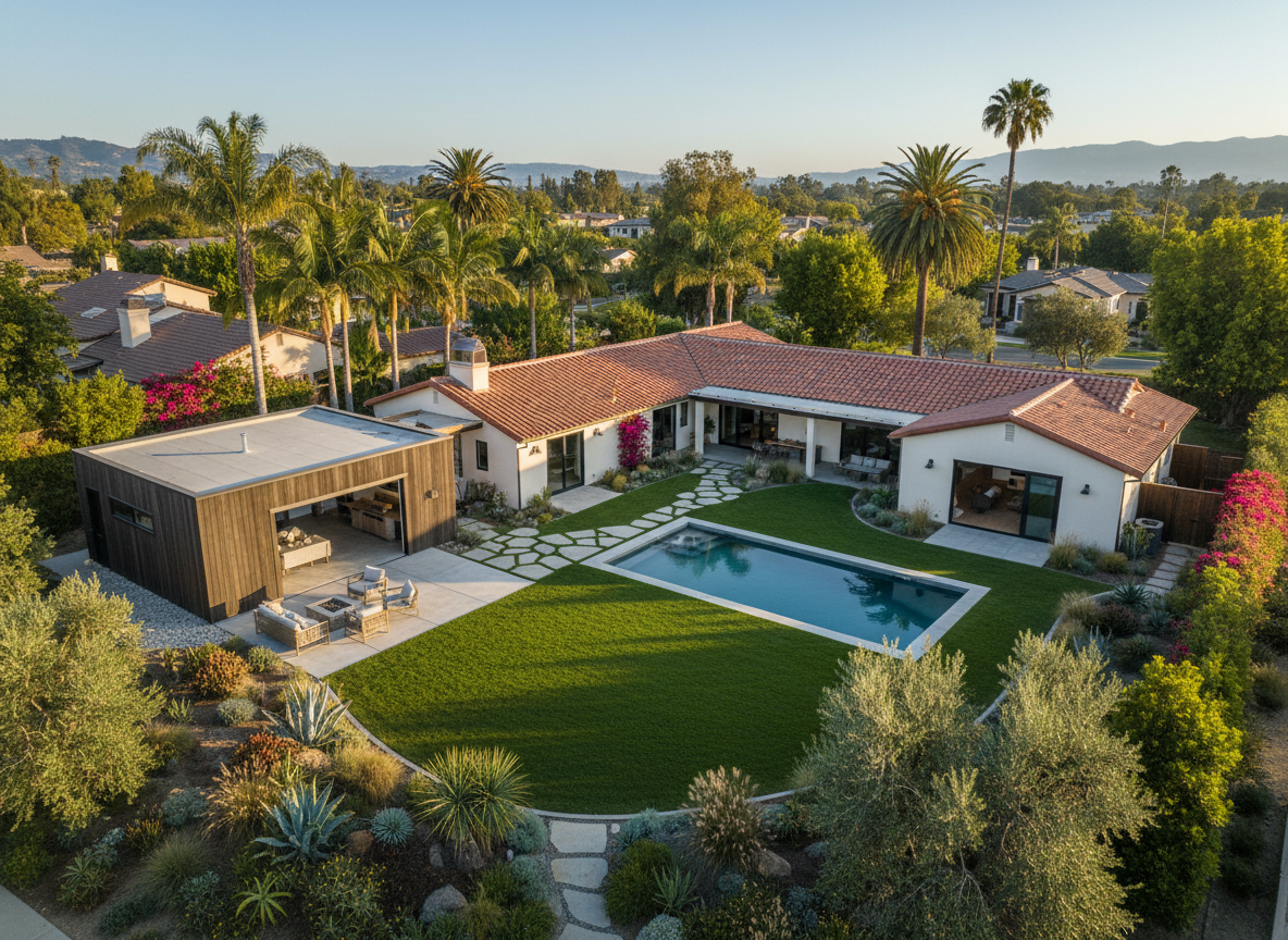Aerial view of ADU in backyard