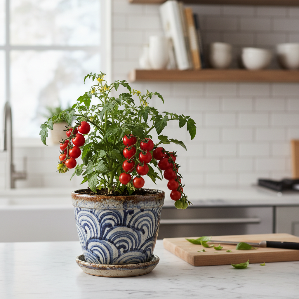 Tiny Tim tomato plant with cherry tomatoes on a marble kitchen countertop