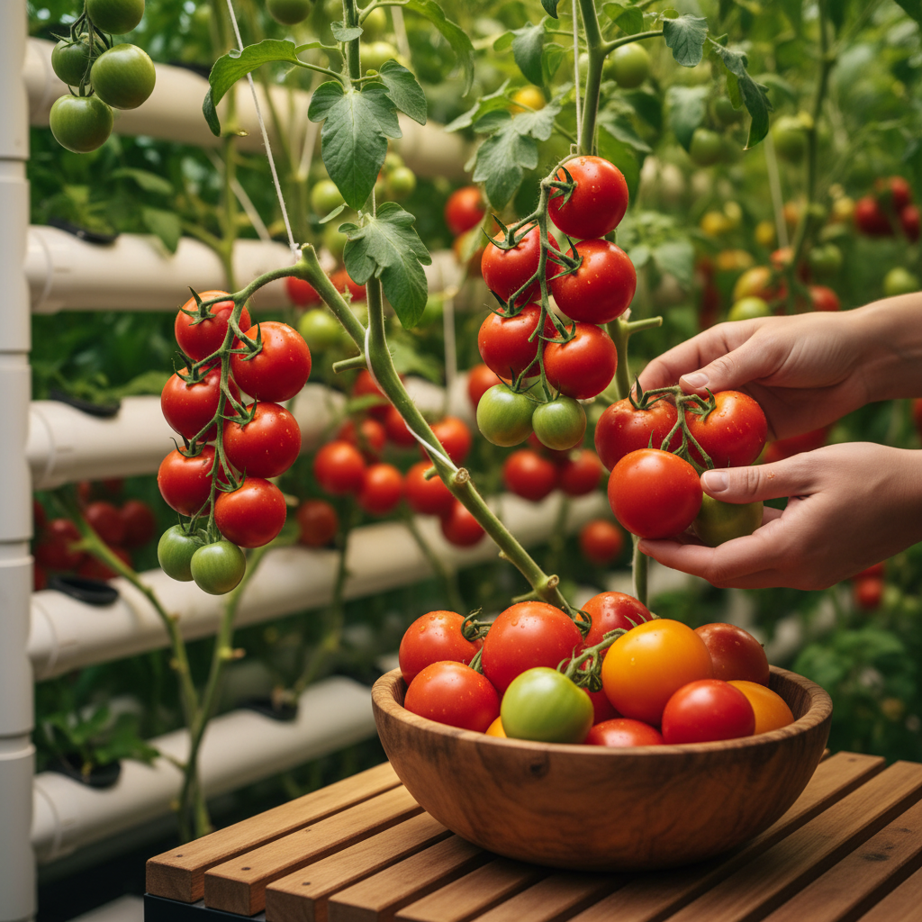 Ripe tomatoes harvested from a hydroponic indoor garden into a wooden bowl