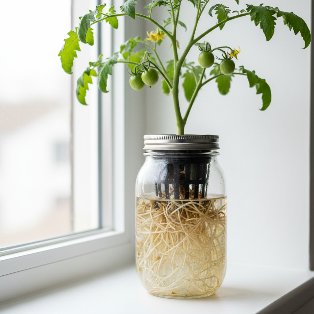 Kratky method hydroponic tomato in a mason jar with visible roots on a windowsill