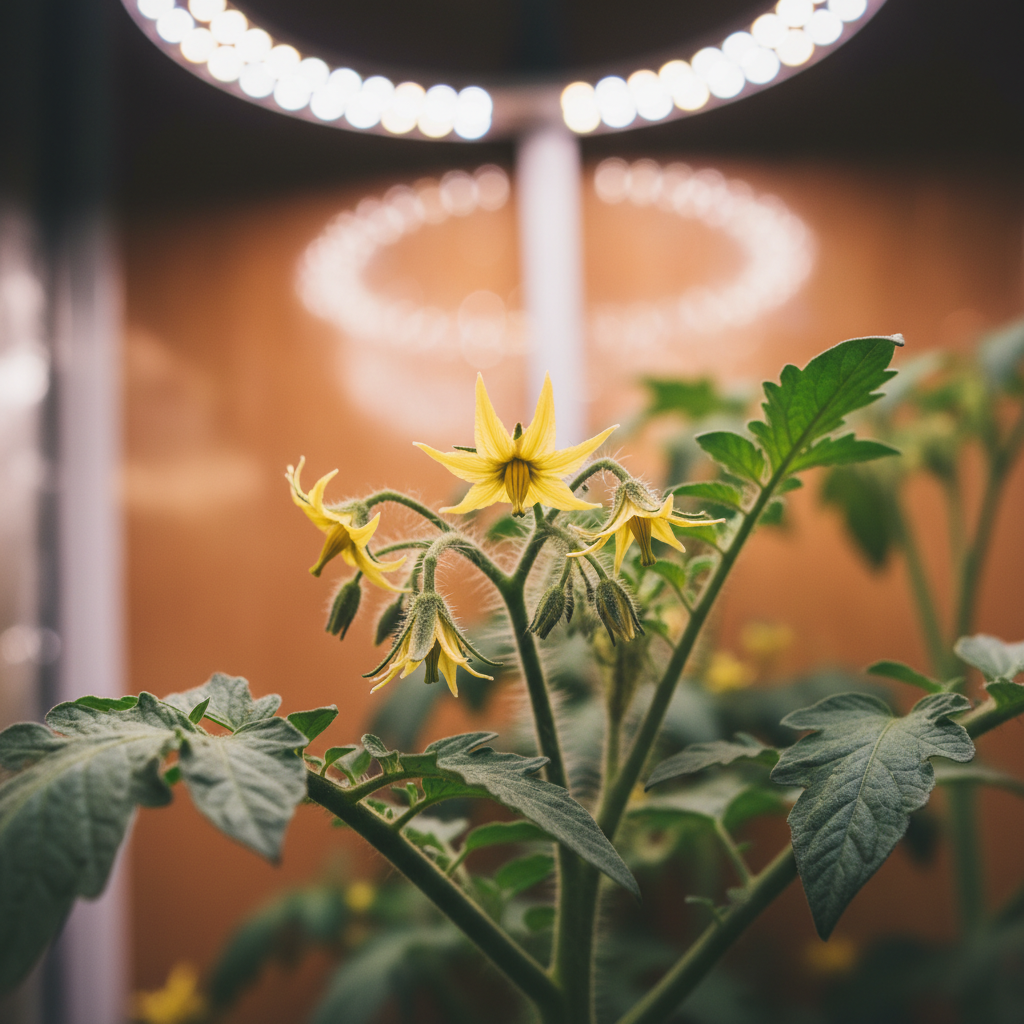 Indoor tomato plant beginning to flower under a grow light, first yellow blossoms opening