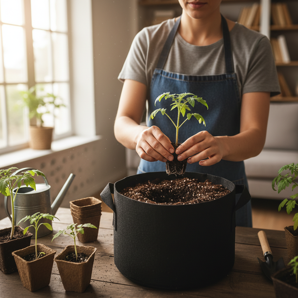 Beginner gardener transplanting tomato seedling into a fabric pot indoors