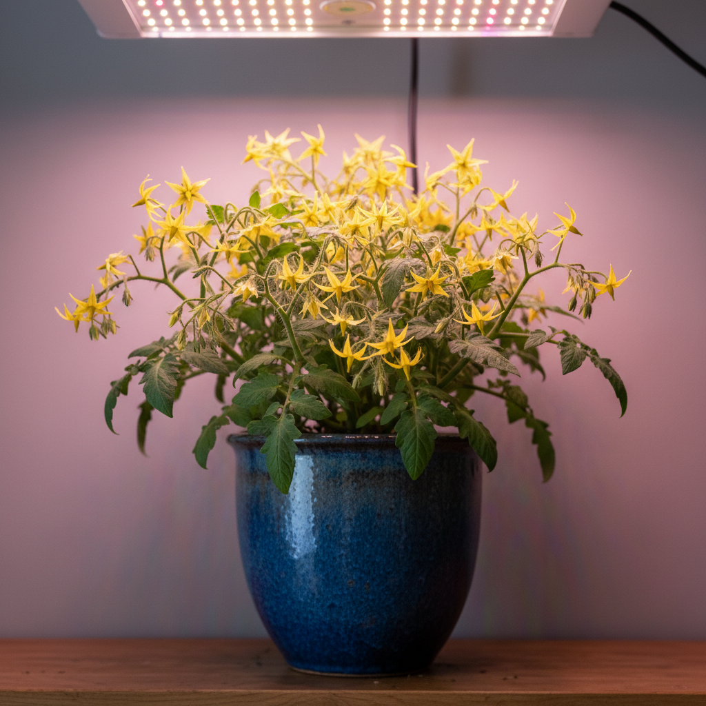 Tomato plant in full flower with yellow star-shaped blossoms
