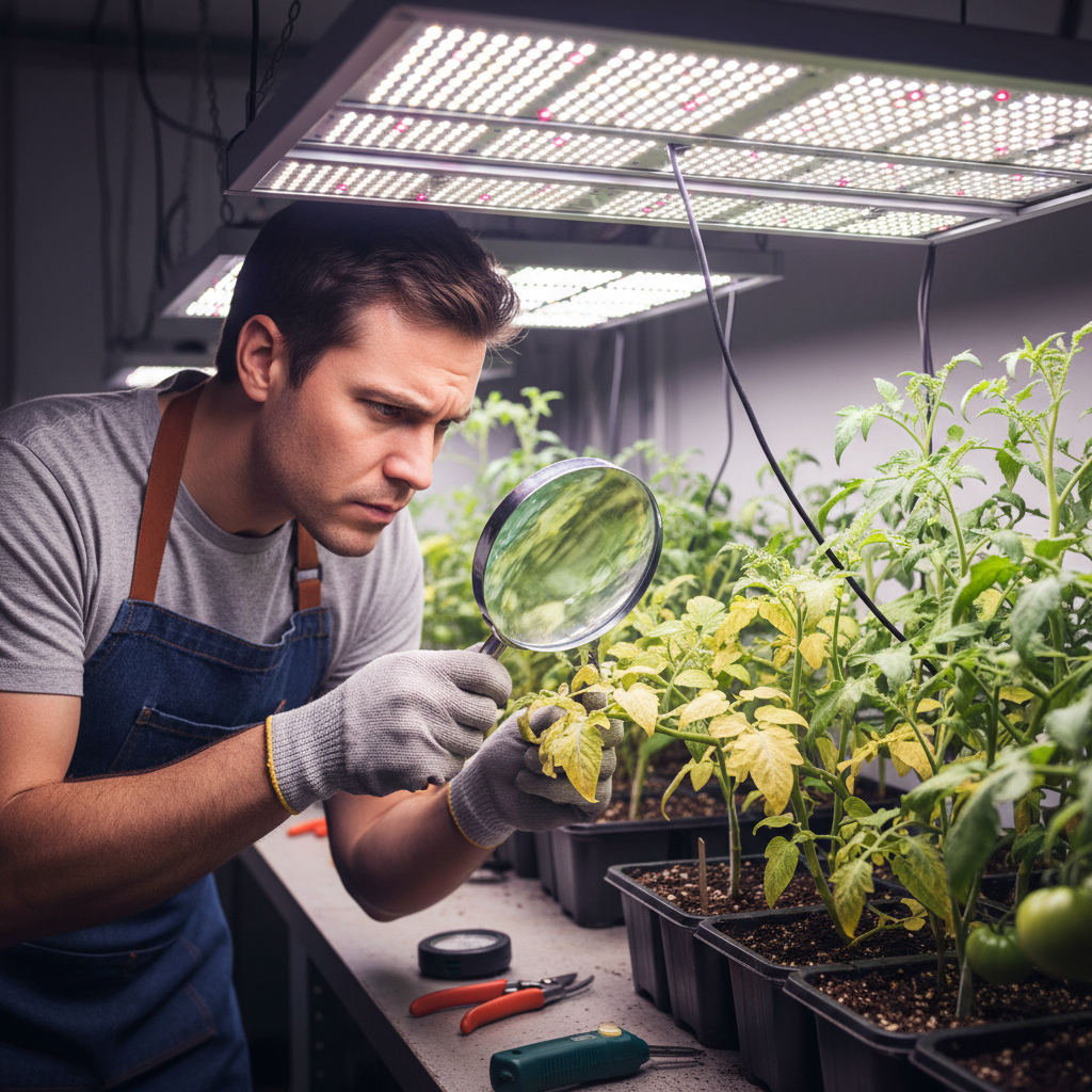 Person inspecting yellow tomato leaves under a grow light with magnifying glass