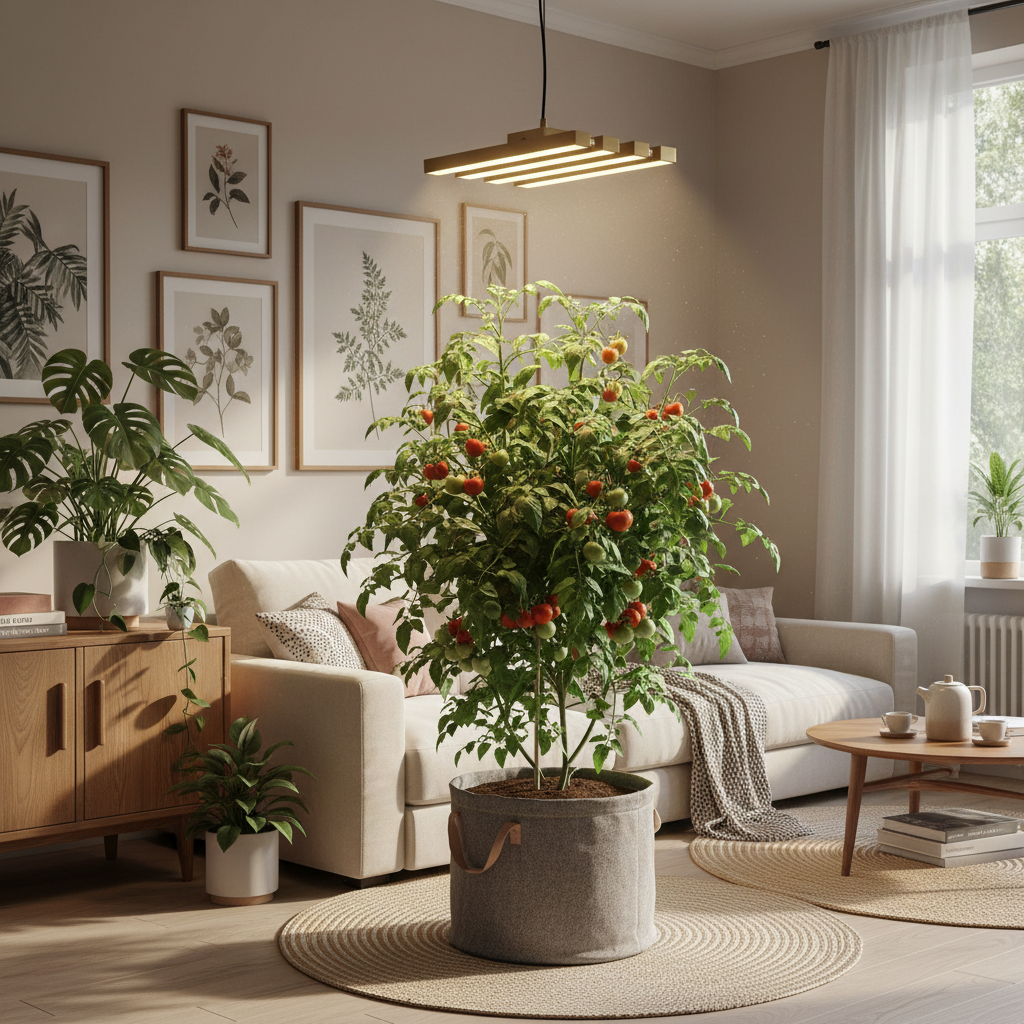 Cozy living room with beautiful indoor tomato plant under a stylish grow light
