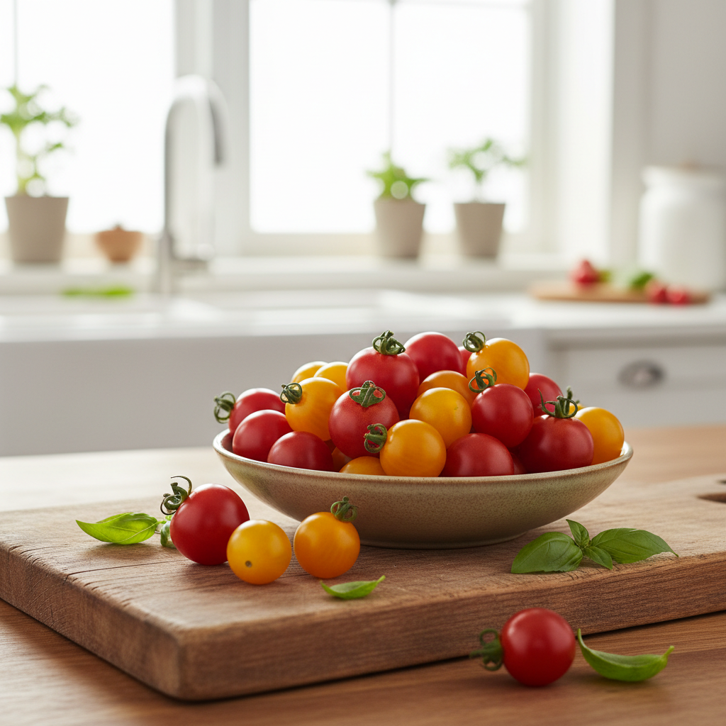Bowl of freshly harvested homegrown red orange and yellow cherry tomatoes on cutting board