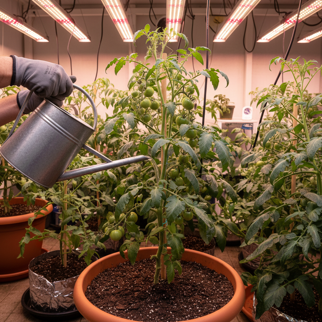 Gardener watering indoor tomato plant correctly with a watering can