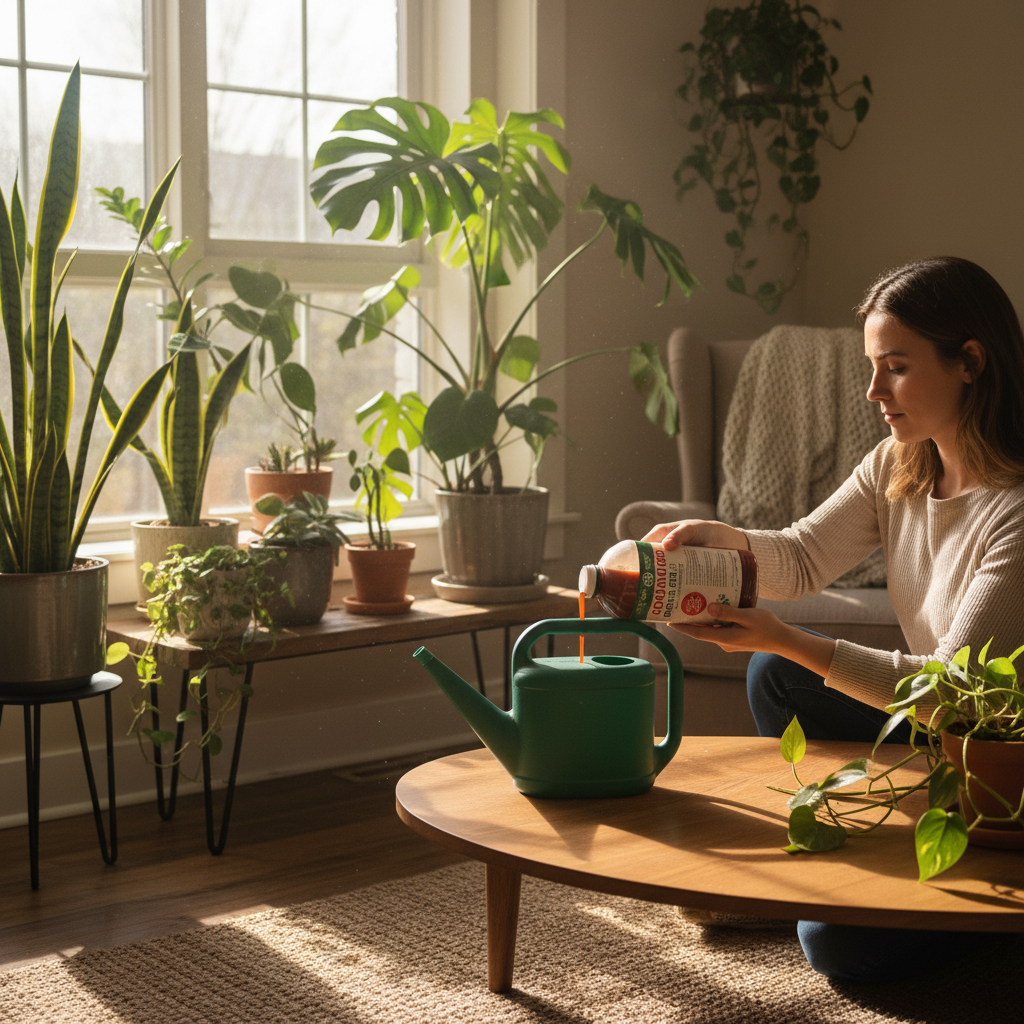 Person adding liquid tomato fertilizer to a watering can for indoor plant care