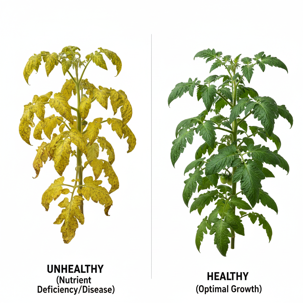 Side by side comparison of unhealthy yellow and healthy green tomato leaves