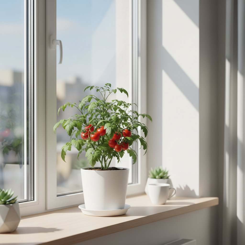 Compact indoor tomato plant on a bright sunny apartment windowsill with cherry tomatoes