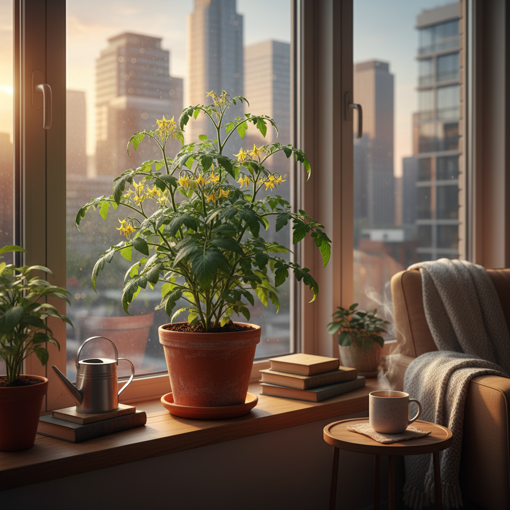 Indoor apartment tomato plant growing in a pot with city skyline outside window