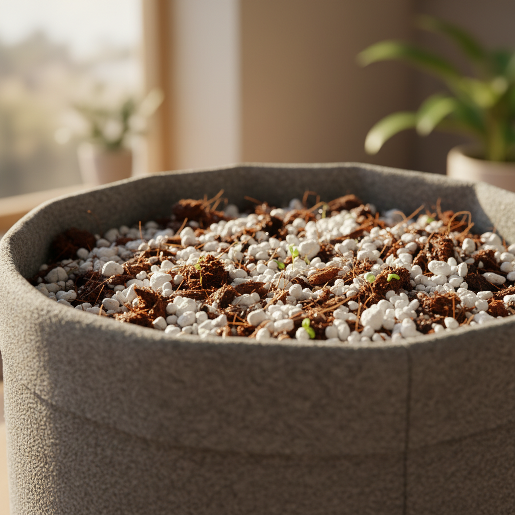 Close-up of white perlite mixed into coco coir growing medium