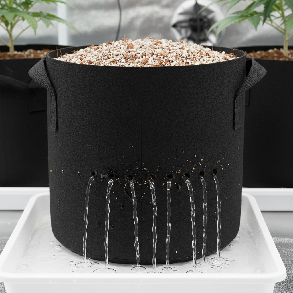 Excellent drainage through a fabric pot filled with coco perlite mix