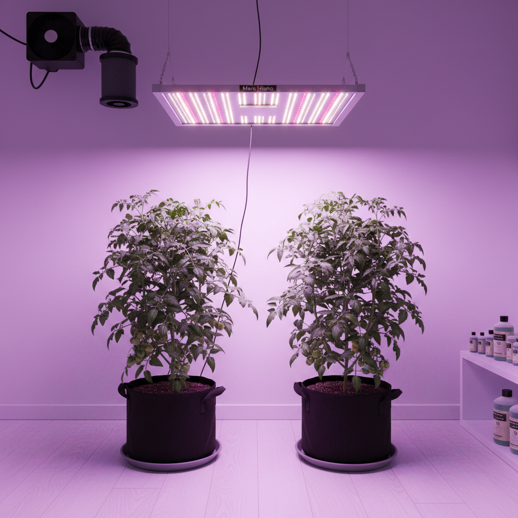 Modern indoor grow setup with Mars Hydro LED light over tomato plants in fabric pots
