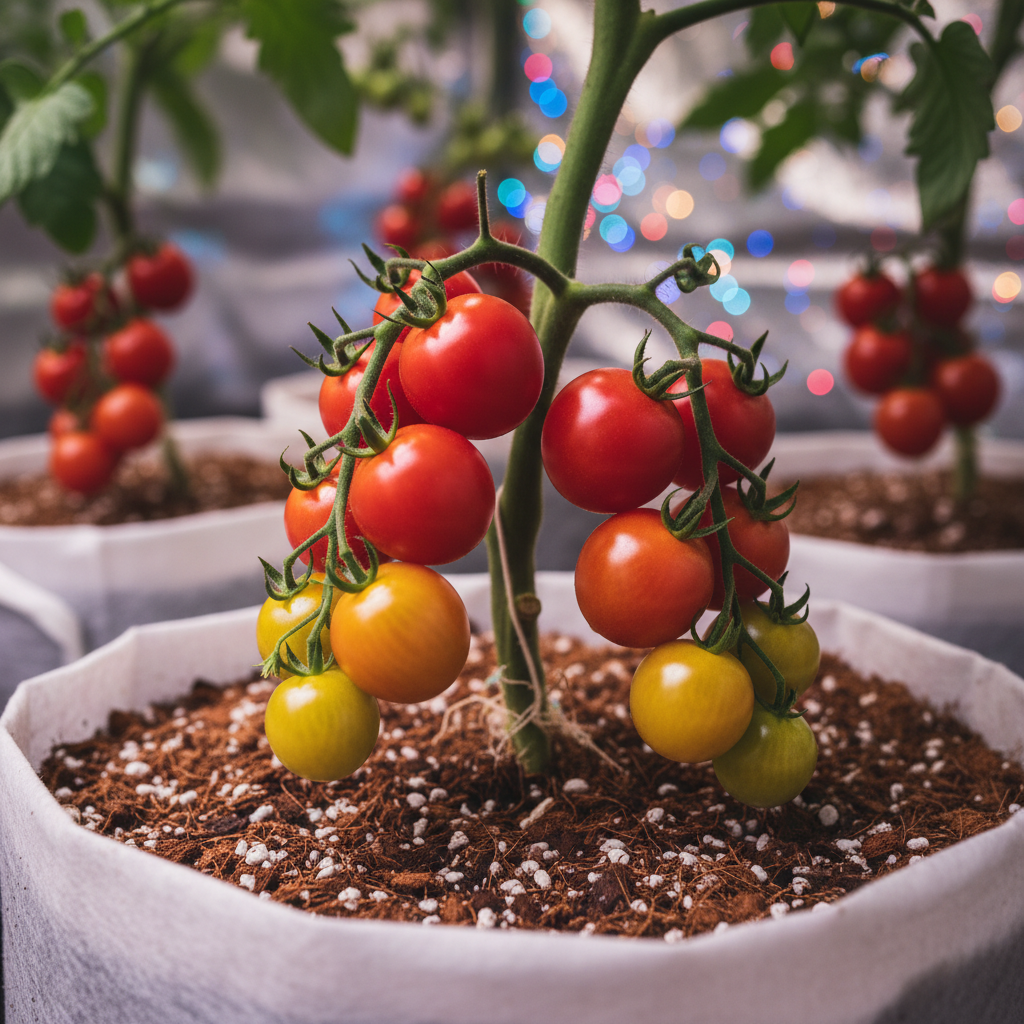 Ripe red and yellow cherry tomatoes hanging from an indoor tomato plant