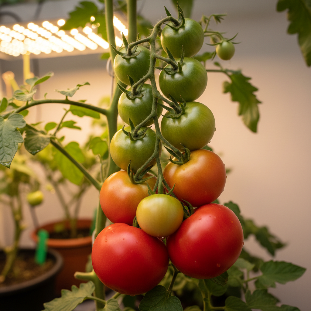 Tomato fruits ripening from green to orange to red on the vine