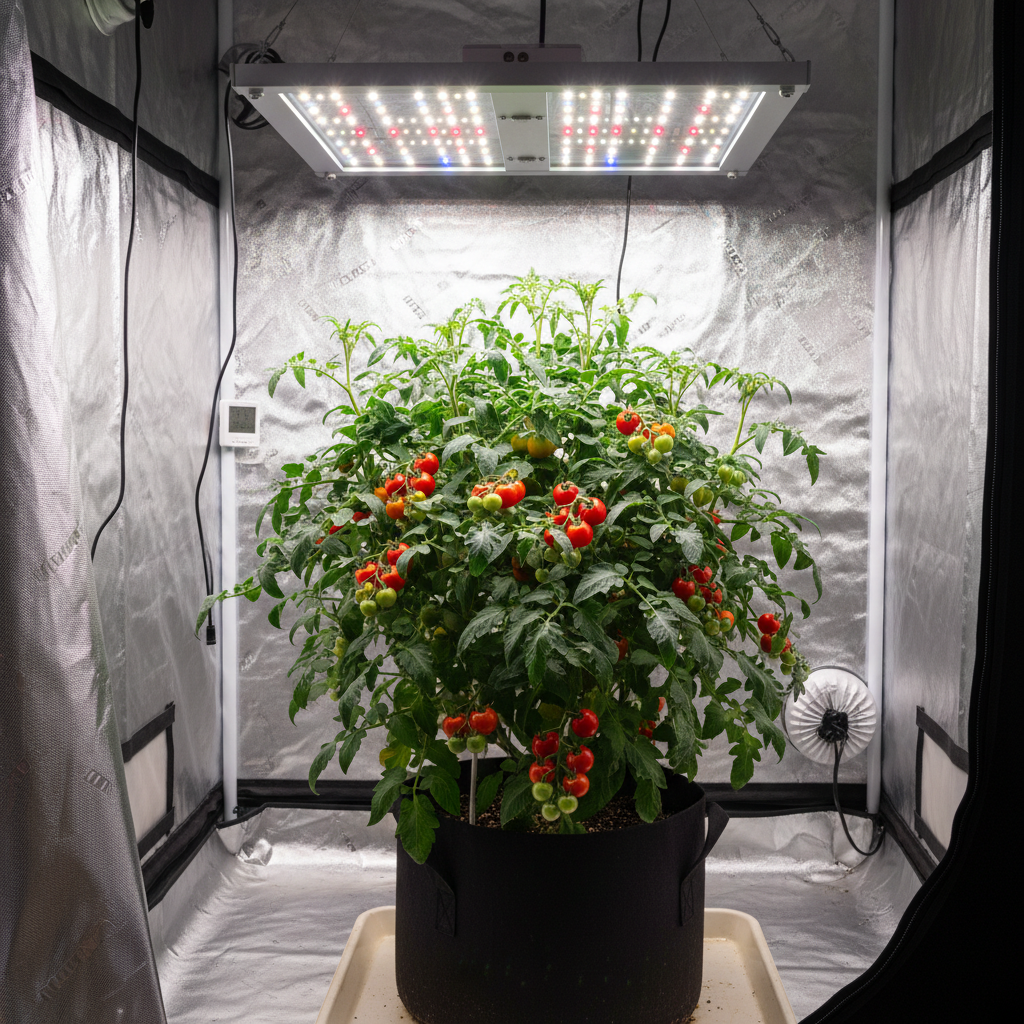 Thriving indoor tomato plant with cherry tomatoes under LED grow light