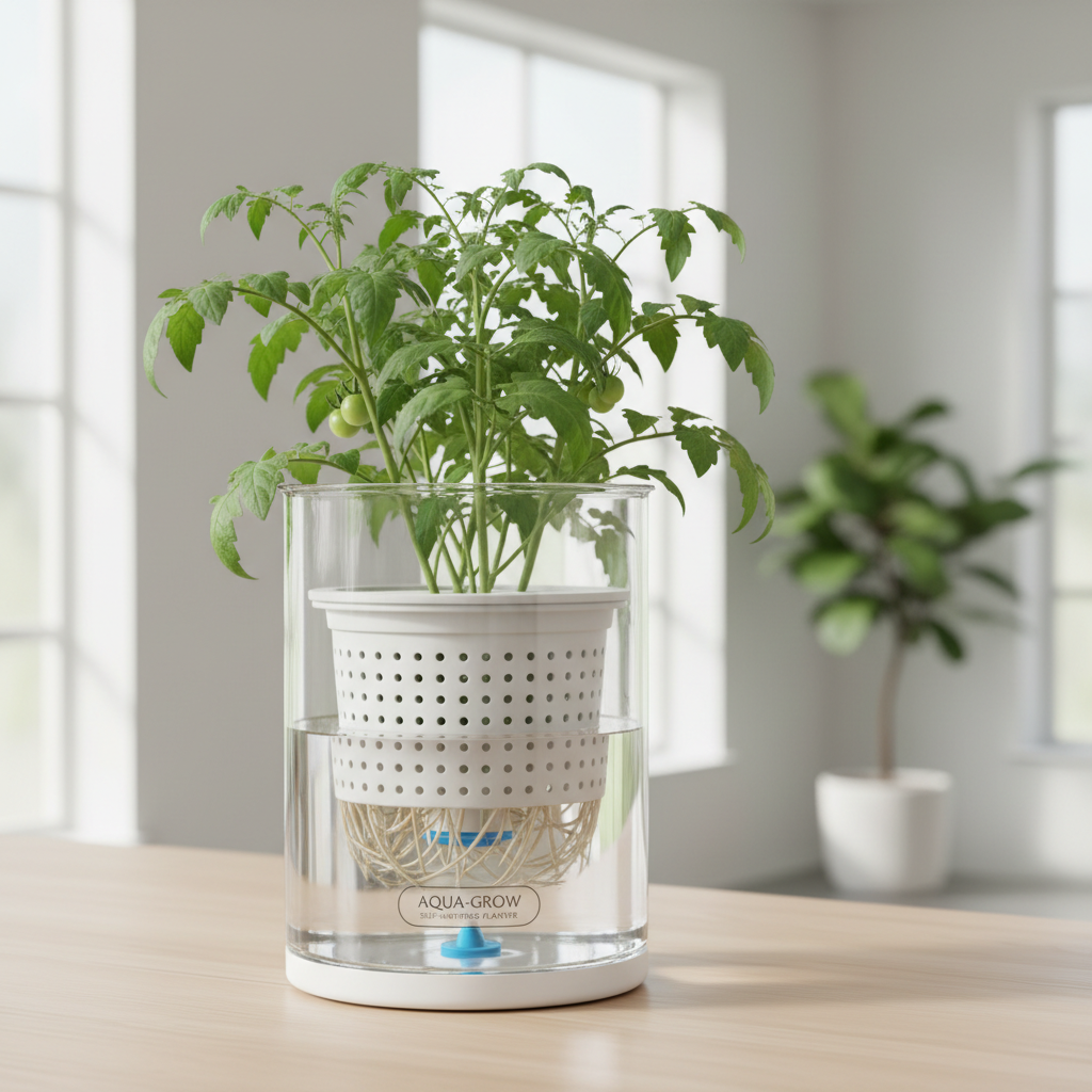 Tomato plant growing in a self-watering container with visible water reservoir