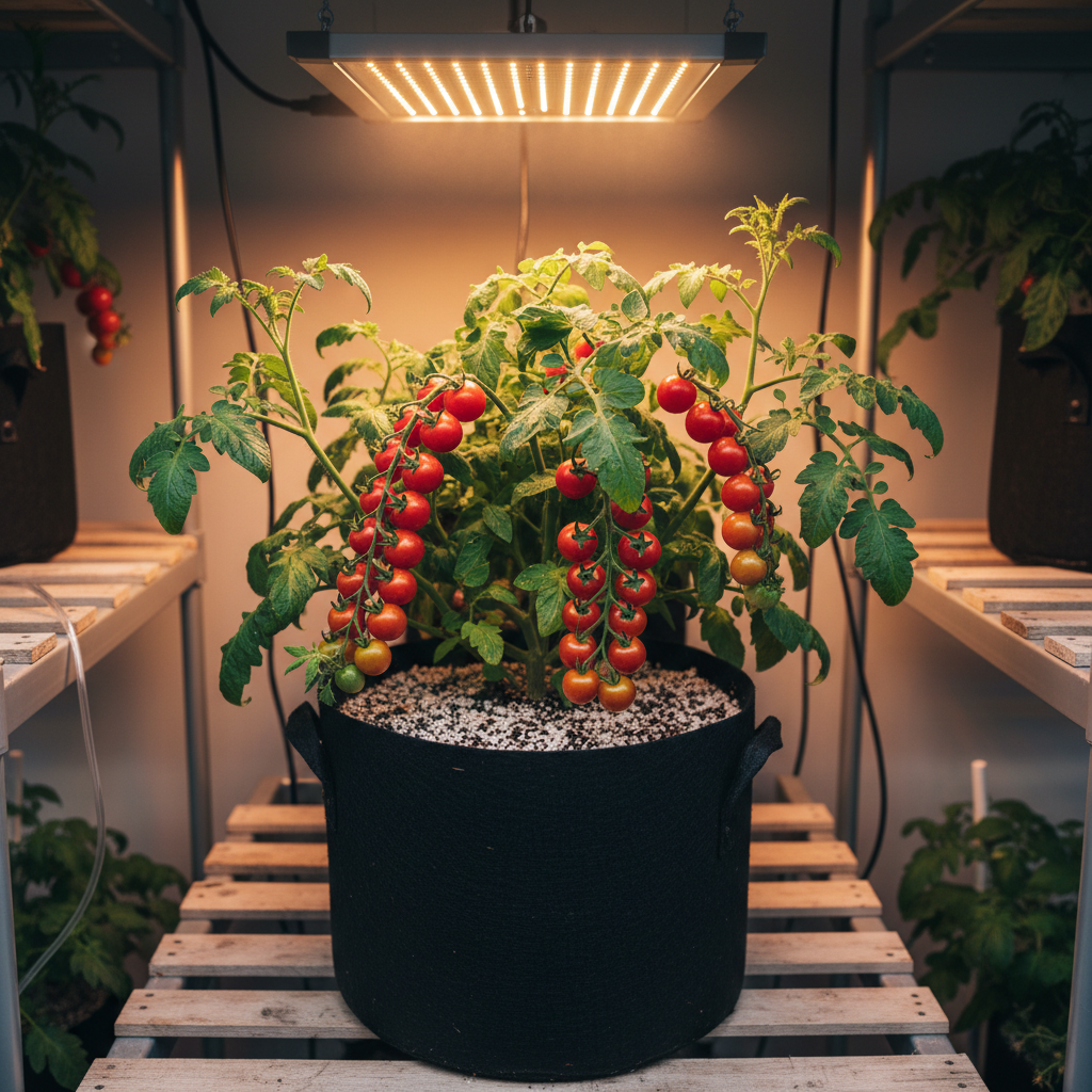Indoor tomato plant growing in a fabric pot with coco perlite under LED grow lights