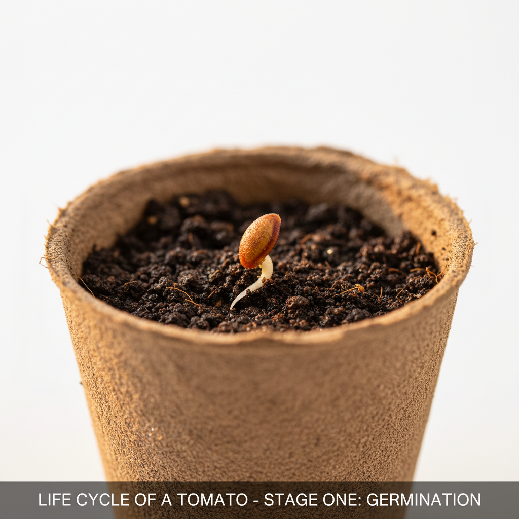 Tiny tomato seed germinating showing first root emergence