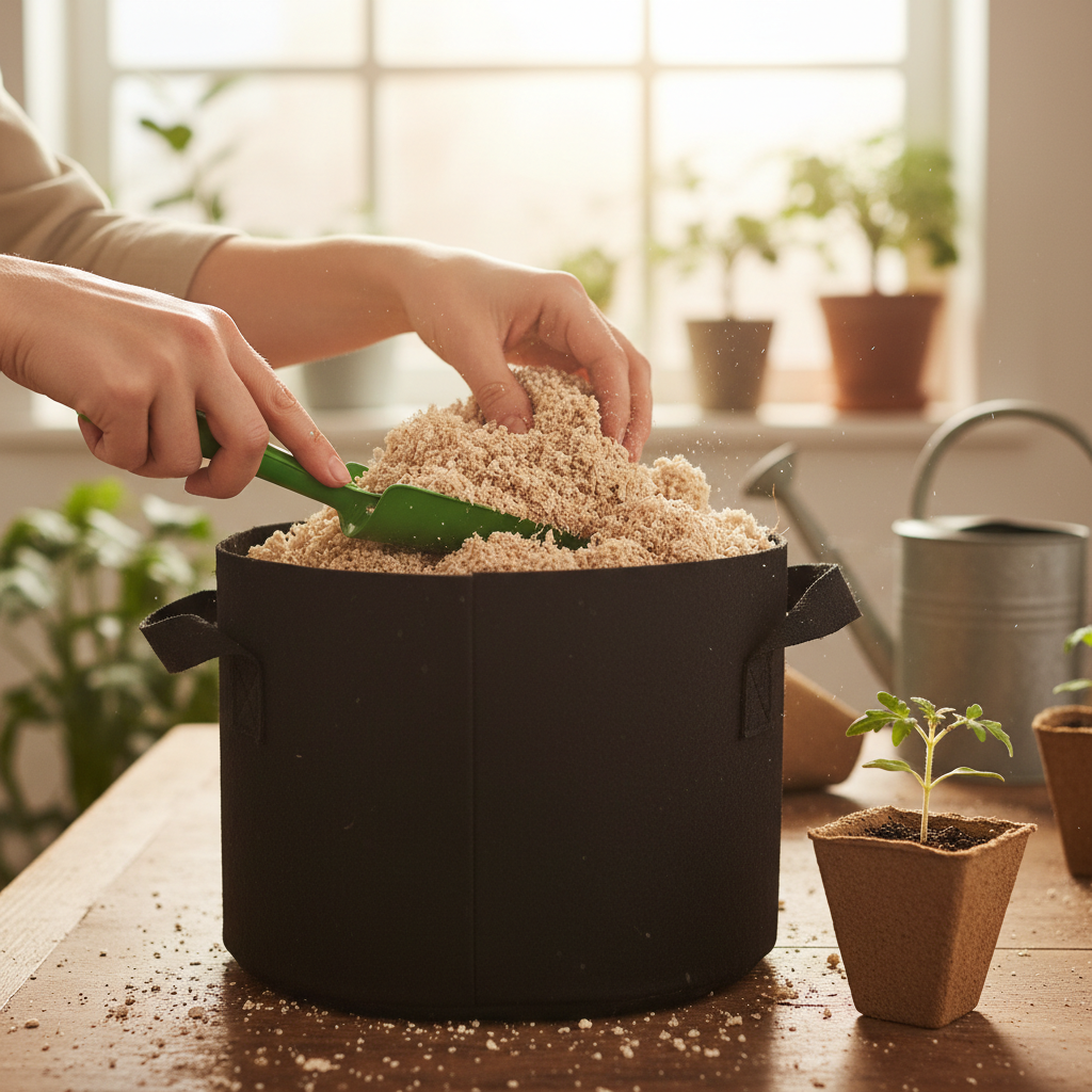 Hands mixing coco coir growing medium into a fabric pot
