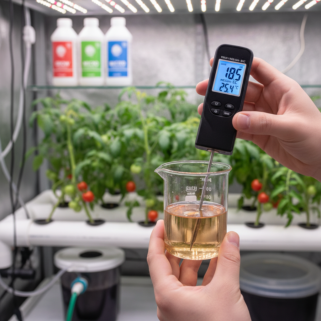 Measuring EC of hydroponic nutrient solution with a digital pen meter