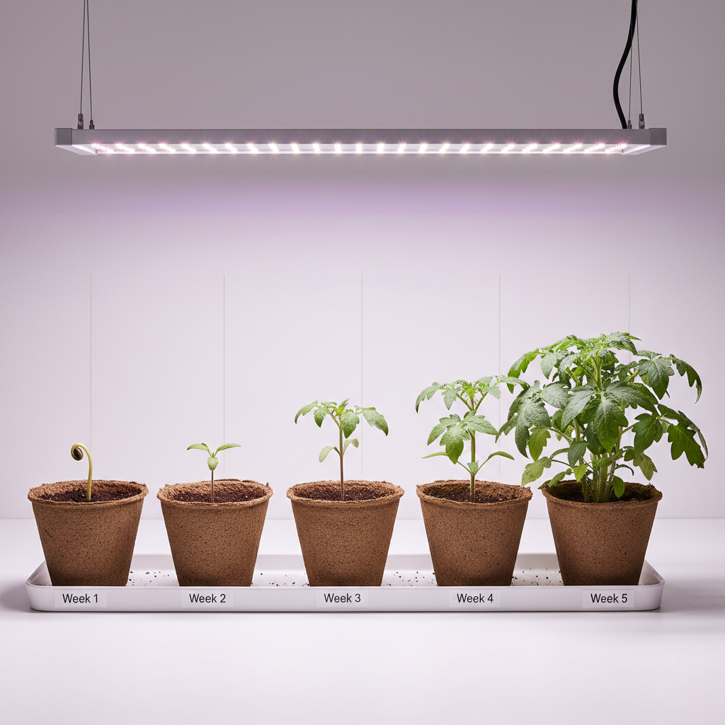 Tomato seedlings at different growth stages side by side under grow light