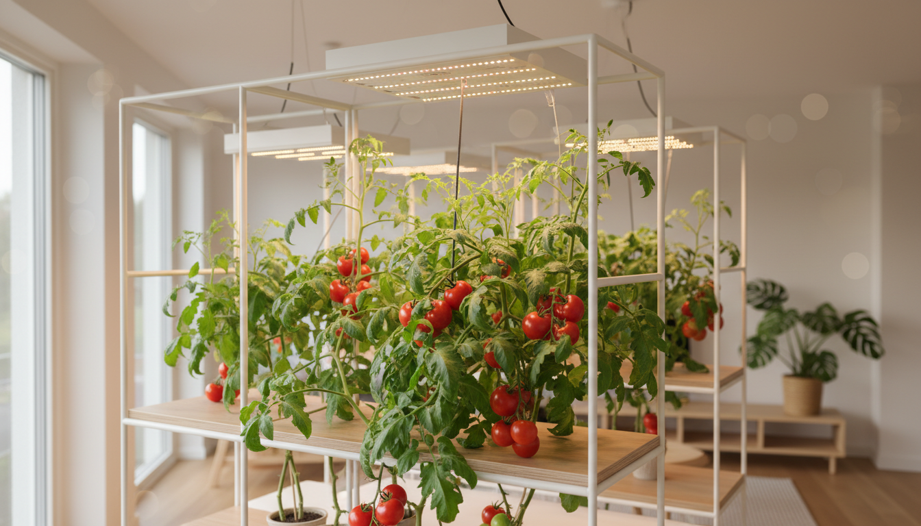 Healthy indoor tomato plants growing under modern LED grow lights